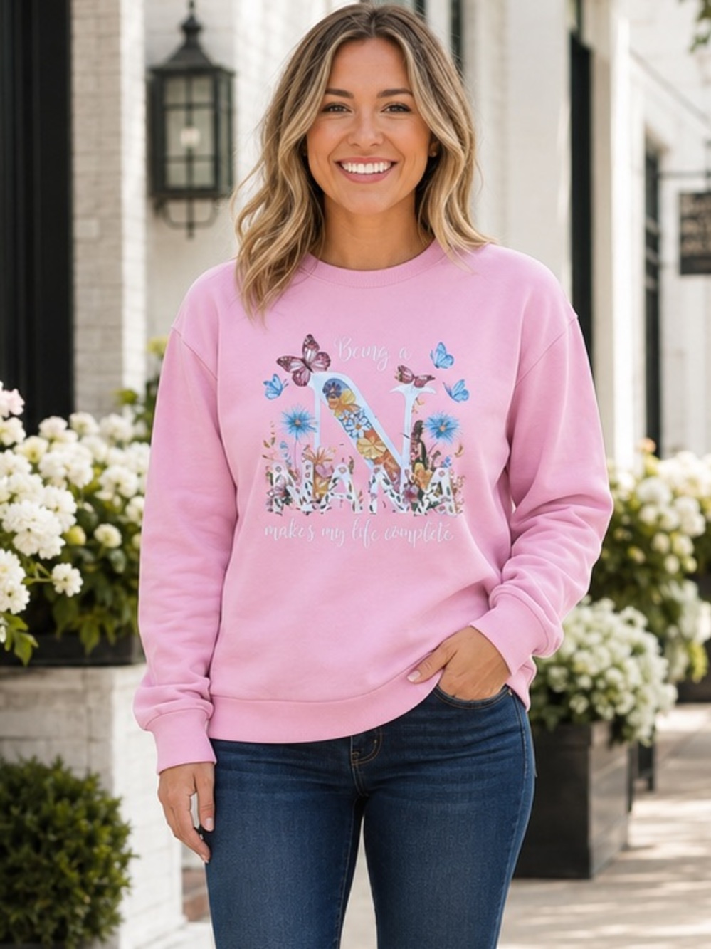 NEW Being Nana Makes Life Complete Butterfly Flower Floral Light Pink Sweatshirt